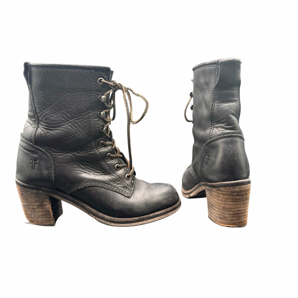 Frye Black Leather Lace Up Heeled Ankle Boots Size 8 Needs Heel Repair